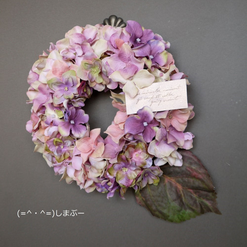 紫陽花のドーナツリース/ストロベリーミルフィーユのドーナツリース 紫陽花のドーナツリース ～ピンクパープル アートフラワー しま