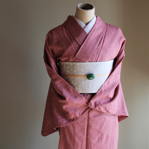 江戸小紋風 落ち着いた大人の桃色に小花柄 裄68.5cm トールサイズ  