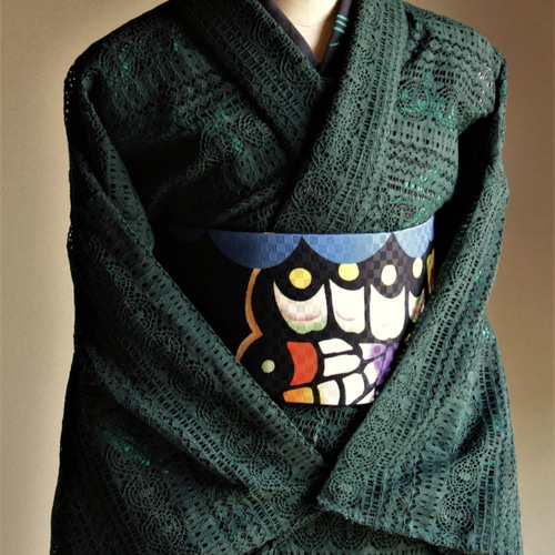 ◇着物◇ レース単衣 ダークグリーン☆3 花柄幾何学模様 裄70cm  