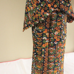 濃紺×オレンジ　中華風のオリエンタルな花柄　裄68ｃｍ　お袖長めトールサイズ　ウール　　和裁師手縫い着物 7枚目の画像