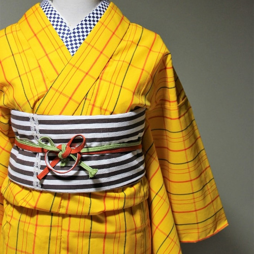 ビタミンカラーのシンプルなチェックがモダン 裄67.5cm 黄八丈