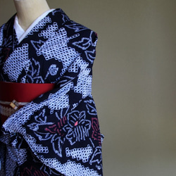 ☆Pua melia☆✺美品 有松鳴海絞り 綿 高級浴衣 着物 A3114 ☆一生モノの特別な浴衣☆有松鳴海絞り【紺 桃】手仕事の名品