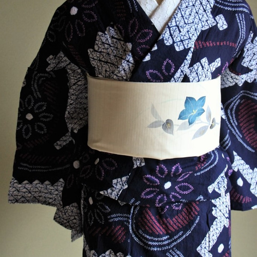 有松鳴海絞り【紺+桃・赤】花模様が多様な技法で配置された名品
