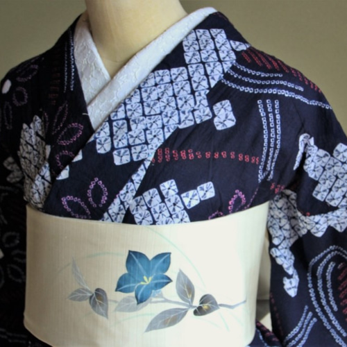 有松鳴海絞り【紺+桃・赤】花模様が多様な技法で配置された名品