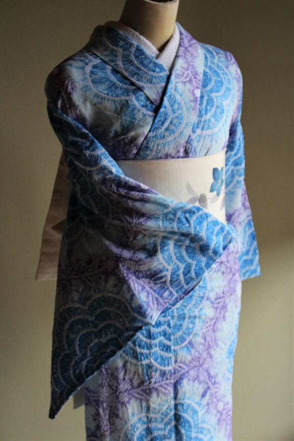 新品✨美品✨紫　有松鳴海絞り浴衣 藤色の花園＊有松鳴海絞り浴衣 花 紫 赤 黄 A689 | kimono tento