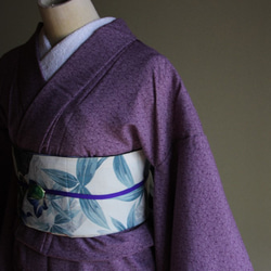 紫色の葉模様 小紋着物 江戸小紋 肌なじみのいい紫は落ち着いた雰囲気 変わり青海波柄 裄65.5