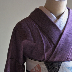 江戸小紋　肌なじみのいい紫は落ち着いた雰囲気　変わり青海波柄　裄65.5ｃｍシルクウール　和裁師手縫い着物 5枚目の画像