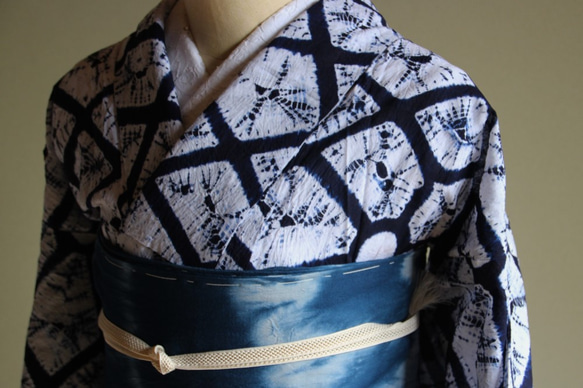 手縫い 総絞り 有松絞り レトロ 紺色 夏着物 アンティーク 広衿 大人浴衣