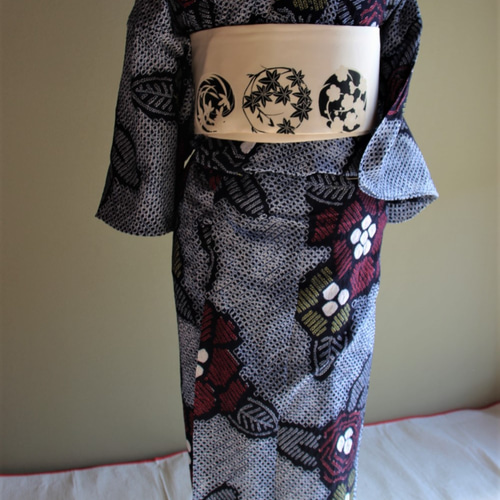 美品！手縫い☆有松鳴海絞り 浴衣 紺✕黄色✕赤 格子☆152/63 有松絞り