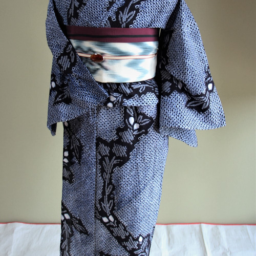 A9 有松鳴海絞り 桔梗の花模様 藍染 パステル 綿 浴衣 着物 05 ◇現代 有松鳴海絞 浴衣◇【濃紺黄朱他】藤と花つなぎがレトロ