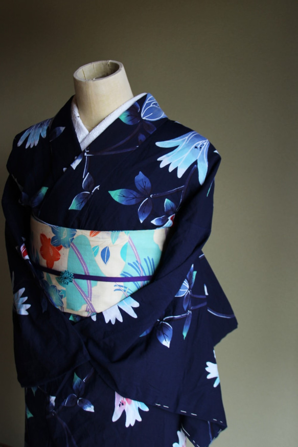 浴衣木綿藍染め型染総絞り