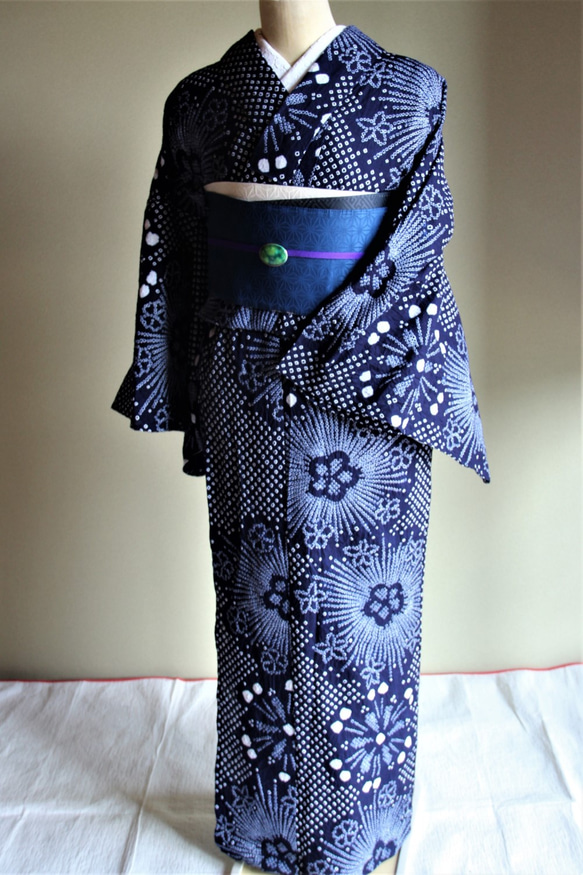 ◇有松鳴海絞り浴衣◇完全新品現代有松【濃紺】大人の絞り 線香花火に