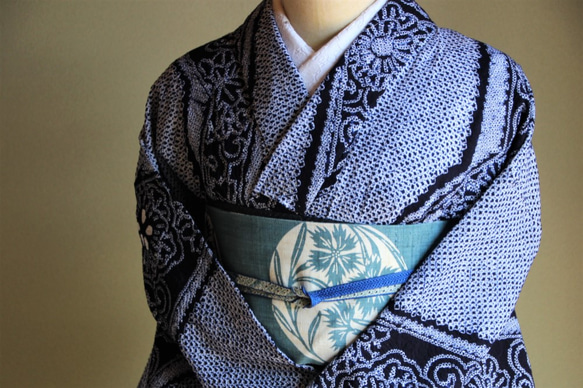 着物ー有松鳴海絞り浴衣33紺の花柄 【絞り特有のアクは袖に少し美品】【綺麗な柄】 A8 希少✨レア✨高級 有松鳴海総絞り 花柄 レトロ浴衣 濃紺 藍色