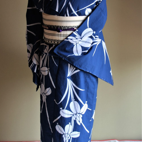 本型染浴衣 正統派古典 菖蒲の花に明るい群青がきれい トールサイズ 裄