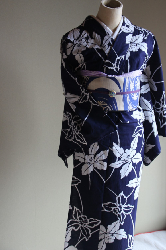綿紬 浴衣 夏着物 単衣 手縫い 藍染 美品 レトロ 藍染縞木綿絣単衣浴衣代わり着物＊ 221