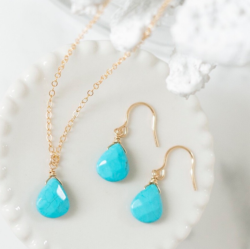 Creema限定　冬の福袋　しずく型ターコイズの14kgfピアスとネックレスのセット！金属アレルギー対応　ゴールド