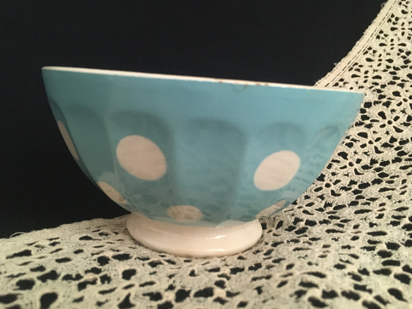 水色の水玉模様カフェオレボウル フランス製アンティーク 陶器置物