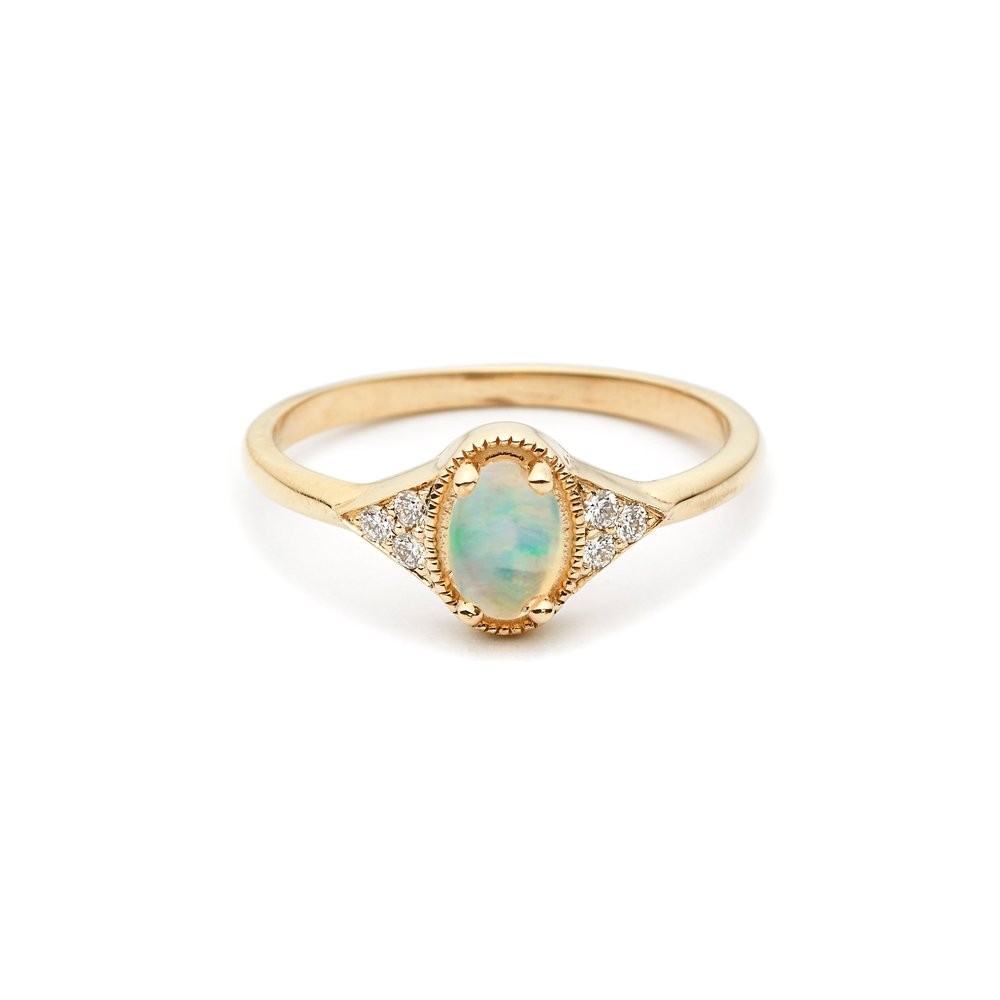 「Adara」オパールホワイトダイヤモンド14Kイエローゴールドハンドメイドリング/スタックリング