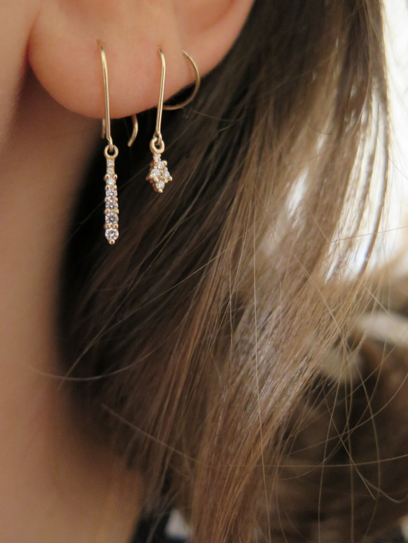 "Inez"Drops Diamonds 14k Yellow Gold Handmade Earrings/黑鑽/白鑽 第3張的照片