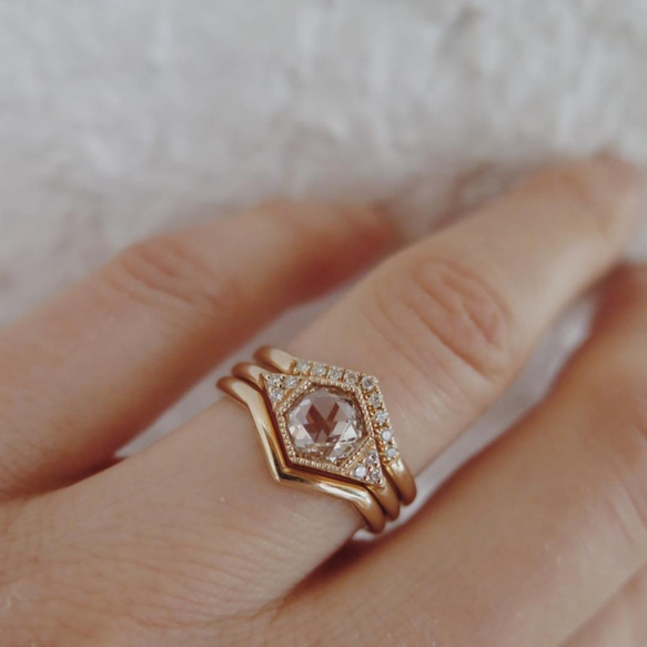 "Iris"White Diamond 14K Yellow Gold Handmade Ring/指節環/堆疊戒/婚禮 第1張的照片