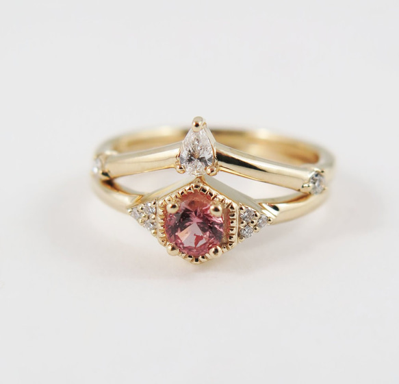 "Peach Drea"(s)Peachy Sapphire 14K Yellow Gold Ring/堆疊戒/沙弗萊石 第2張的照片