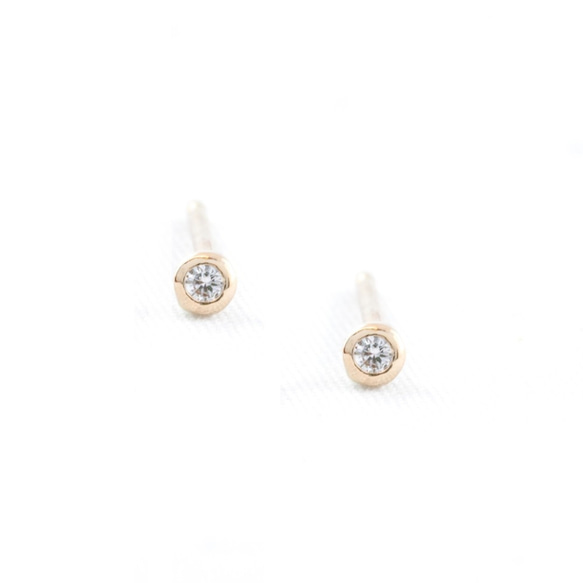 Round White Diamond 14k Yellow Gold Handmade Earrings/白鑽/簡約 第4張的照片