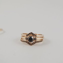 "WeddingSets09" Black Diamond 14K YellowGold Handmade/堆疊戒/線戒 第2張的照片