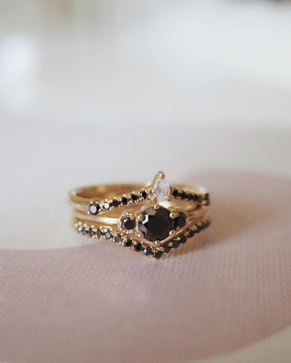 "WeddingSets04" Black Diamond 14K YellowGold Handmade/堆疊戒/線戒 第1張的照片