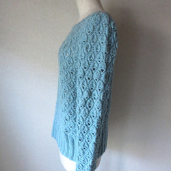 編み込みしずく模様のセーター　ミントブルーメランジ糸　ラムウール 2枚目の画像