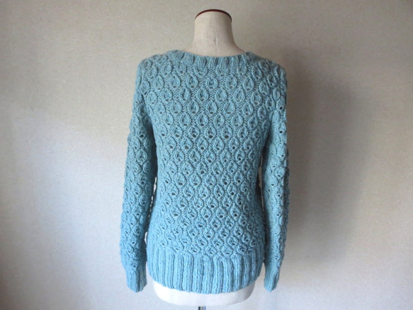 編み込みしずく模様のセーター　ミントブルーメランジ糸　ラムウール 7枚目の画像