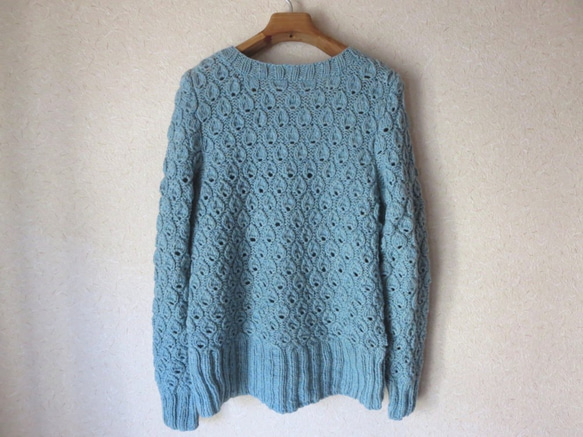 編み込みしずく模様のセーター　ミントブルーメランジ糸　ラムウール 8枚目の画像