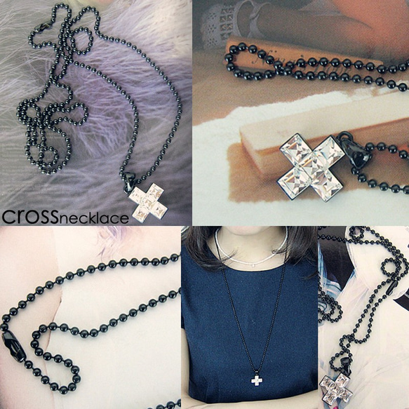 [送料無料] クリスタル ブラックのネックレス,クリスタルのネックレス,クロスネックレス 4枚目の画像