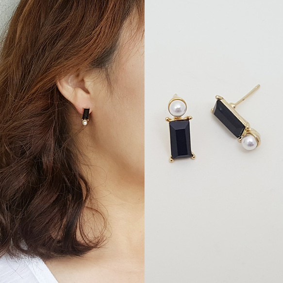 [Creema Limited] 14kgf 黑色和珍珠 Bijoux 方形耳環 第1張的照片
