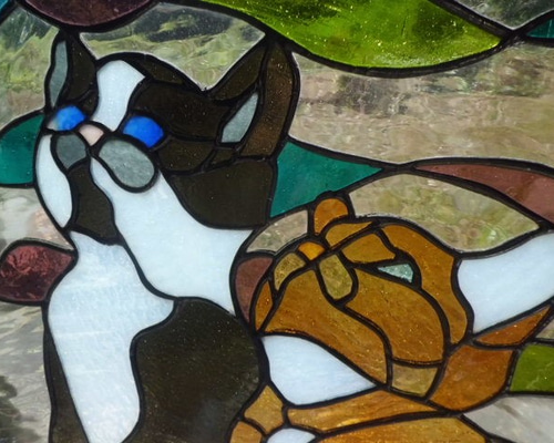 ステンドグラスパネル　オッドアイの猫 ステンドグラスパネル（ペアキャット） その他インテリア雑貨 ステンド