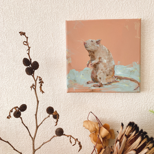標本図風のネズミと骨の絵画 アート 原画 キャンバス画 動物の絵