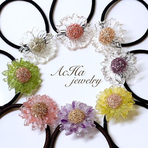 じゃらじゃら  ヘアゴム  モーブフラワー♡ シフォン×ゴールドプレート/シュシュ（ヘアゴム）｜Flowering