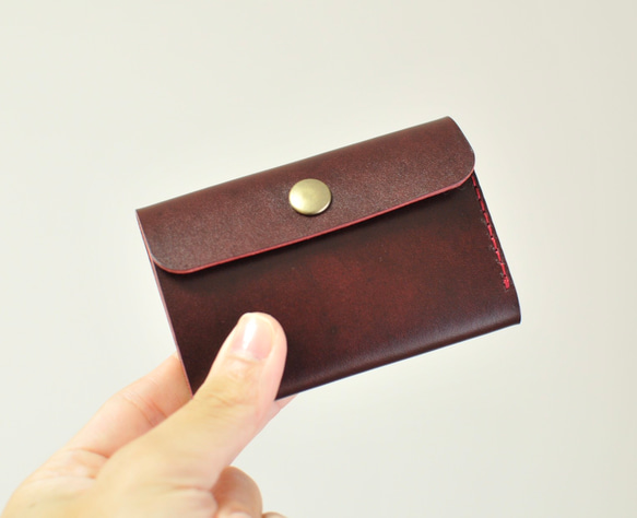 コンパクトウォレット ワインレッド 三つ折り財布 小さい財布 革 レザーウォレット 2枚目の画像