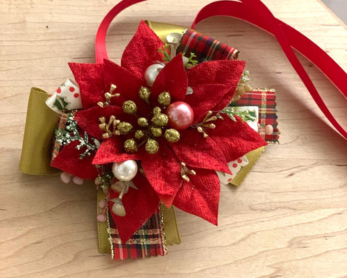 クレイフラワー♡ロココ調リボン台にピンクのポインセチア♡クリスマス