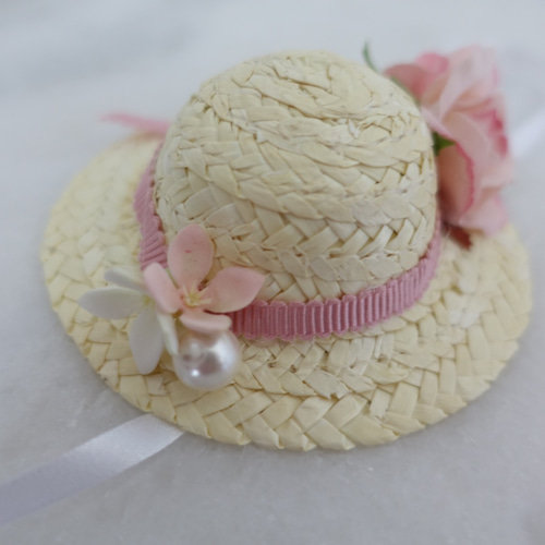 完成品】シャロアンのバラの麦わら帽子 ピンクリボン ヘッドドレス