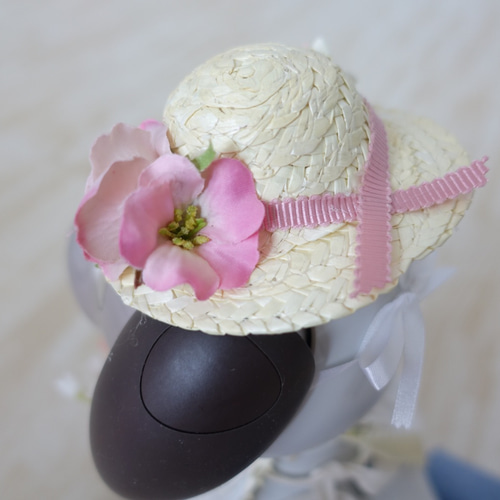 完成品】シャロアンのバラの麦わら帽子 ピンクリボン ヘッドドレス