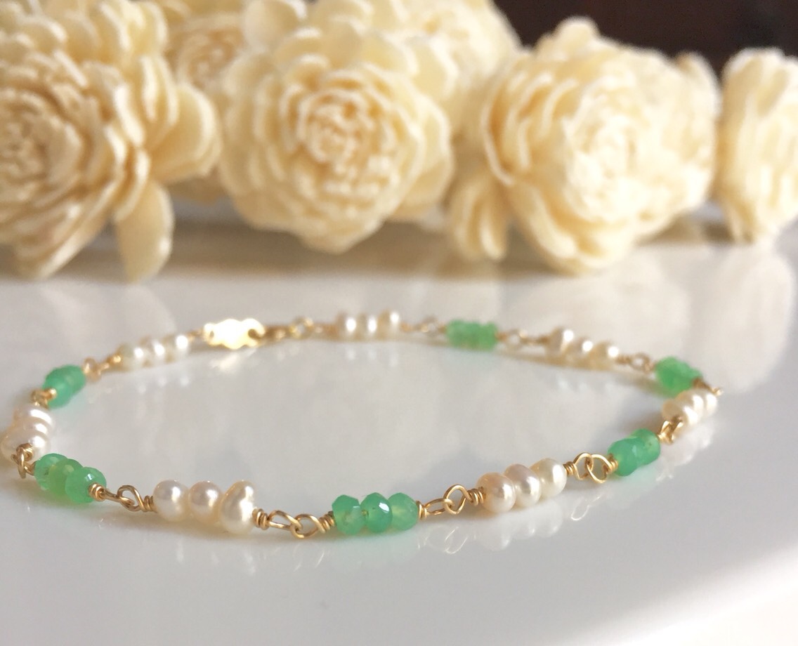 14kgf クリソプレーズ 〜淡水パールブレスレット