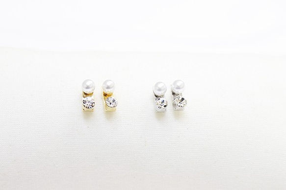 [2 件] 1 粒珍珠 &amp; 1 粒立方耳環 [金色] [無鈦貼扣] -mt-3067 第6張的照片