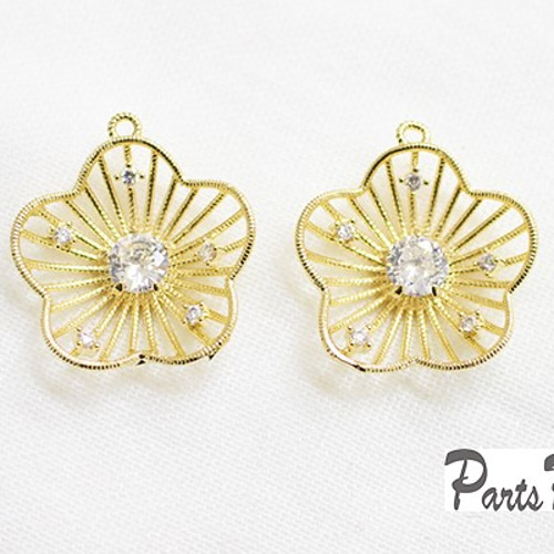 アンティーク　ゴールド　チャーム 2個入】キュービック付きお花ラインチャーム -mt-2513 チャーム Parts