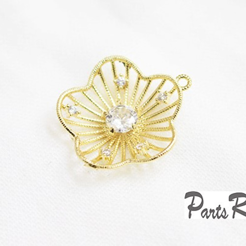 アンティーク　ゴールド　チャーム 2個入】キュービック付きお花ラインチャーム -mt-2513 チャーム Parts