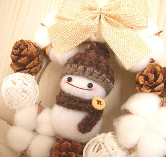 受注製作＊Snow Man＊リース＊コットンフラワー＊フェルト＊雪だるま＊手編み＊ニット帽＊ナチュラル＊インテリア 2枚目の画像