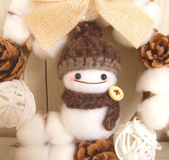 受注製作＊Snow Man＊リース＊コットンフラワー＊フェルト＊雪だるま＊手編み＊ニット帽＊ナチュラル＊インテリア 4枚目の画像