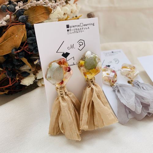 flower 変形×シフォンタッセル ピアス イヤリング［No,008］ ピアス 