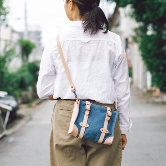 skog】帆布と革のトランク型2wayミニショルダー H0113 ネイビー