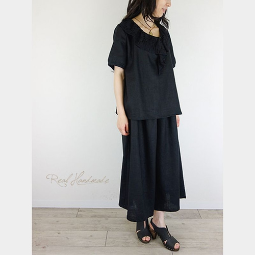 定価1.2万リネンギャザーパンツ 黒 ウエスト総ゴム共紐裏地付 38 最終値下 予約販売] ブラックリネンギャザーパンツ キュロット・ワイド