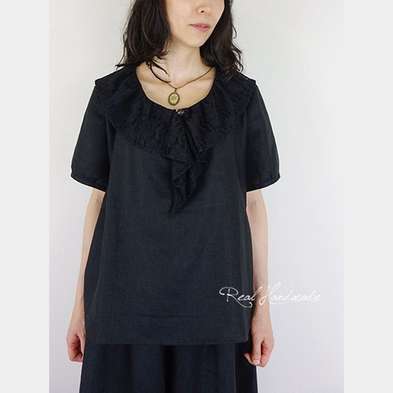 [予約販売]ブラックリネンラッフルブラウス